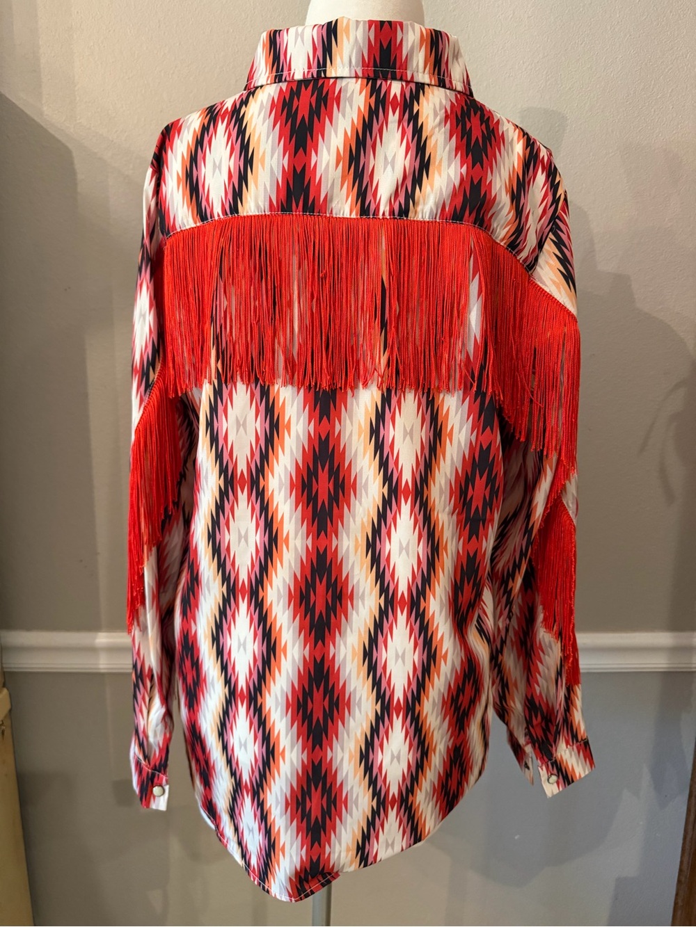 Vintage Style Pearl Snap Western Southwestern Shirt with Red Fringe, Button Down